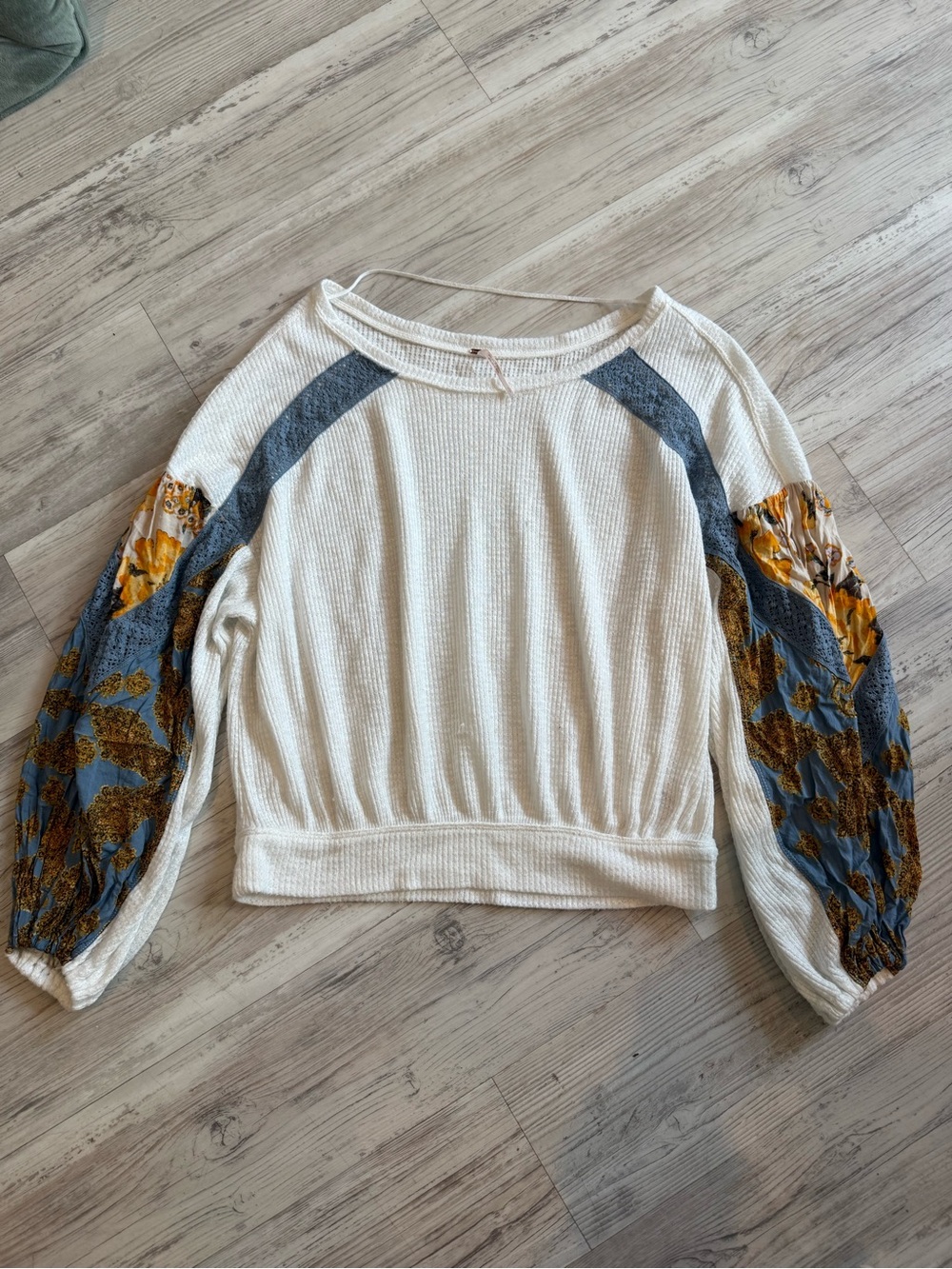 free people White Waffle Knit Top with Floral Blue and Mustard Balloon Sleeves